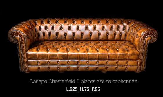 Canapé 3 places Chesterfield en cuir de vachette coloris marron patiné