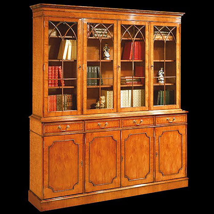 Bibliothèque de style Anglais en bois de merisier 4 portes 4 tiroirs