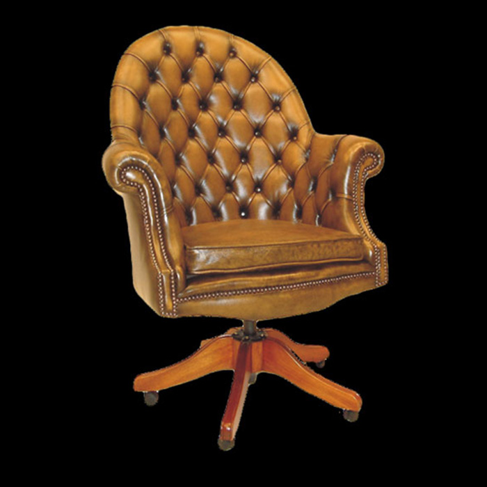 Fauteuil de bureau Anglais Exécutive assise coussin en cuir de vachette coloris gold patiné