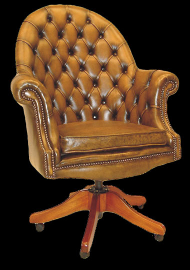 Fauteuil de bureau Anglais Exécutive assise coussin en cuir de vachette coloris gold patiné